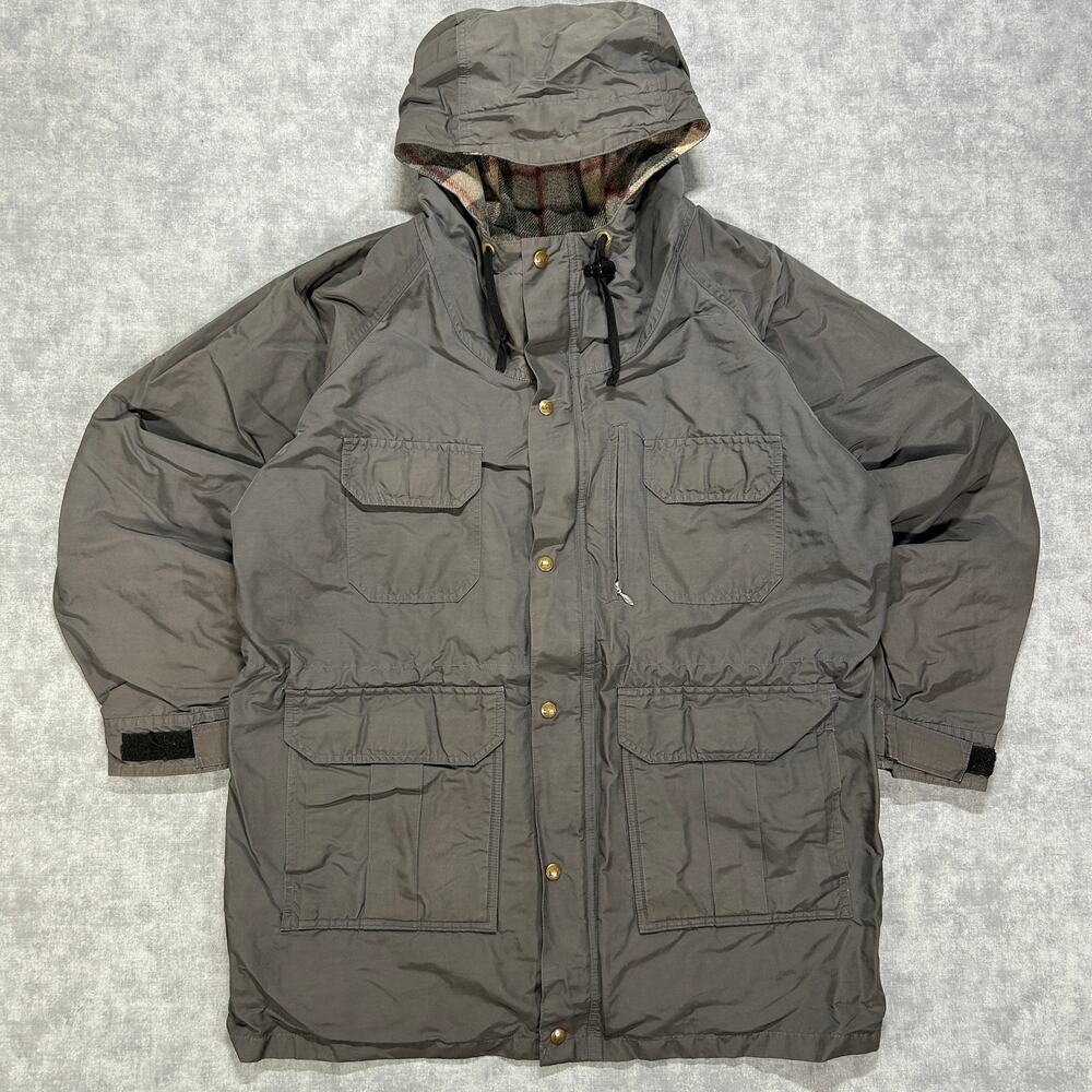 Vintage 90s REI Wool Plaid Lined Field Parka Jacket Mens XL Gray Hooded Utility